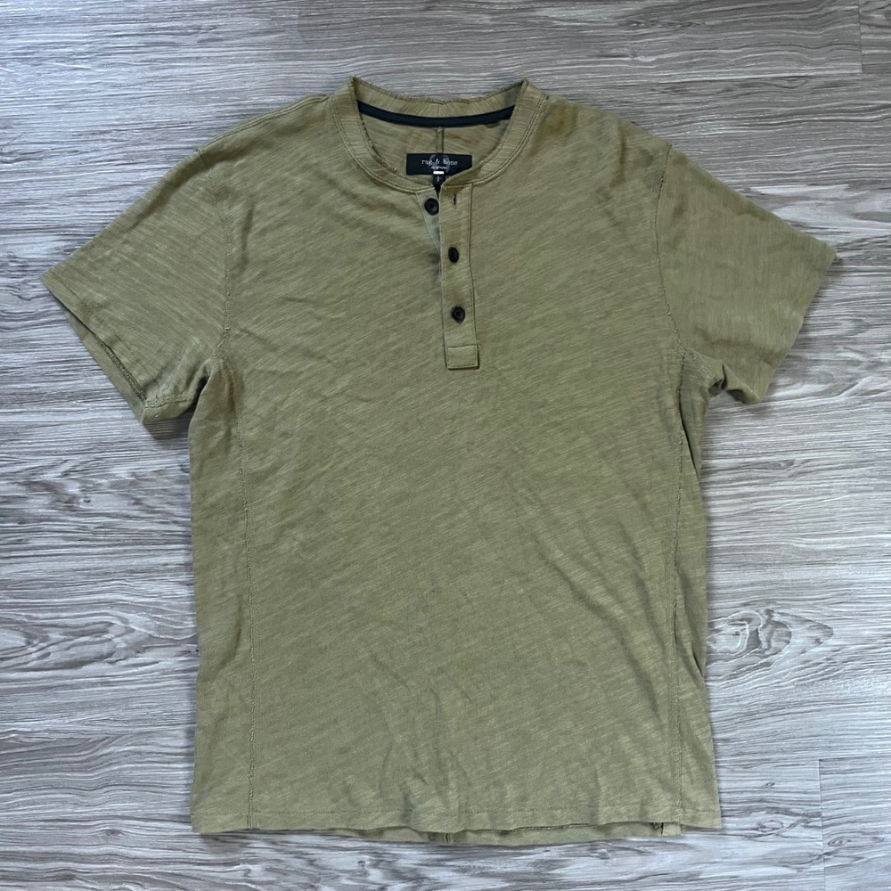 Rag & Bone Mens Short Sleeve Henley Shirt Casual Olive Green Cotton Slub Size L